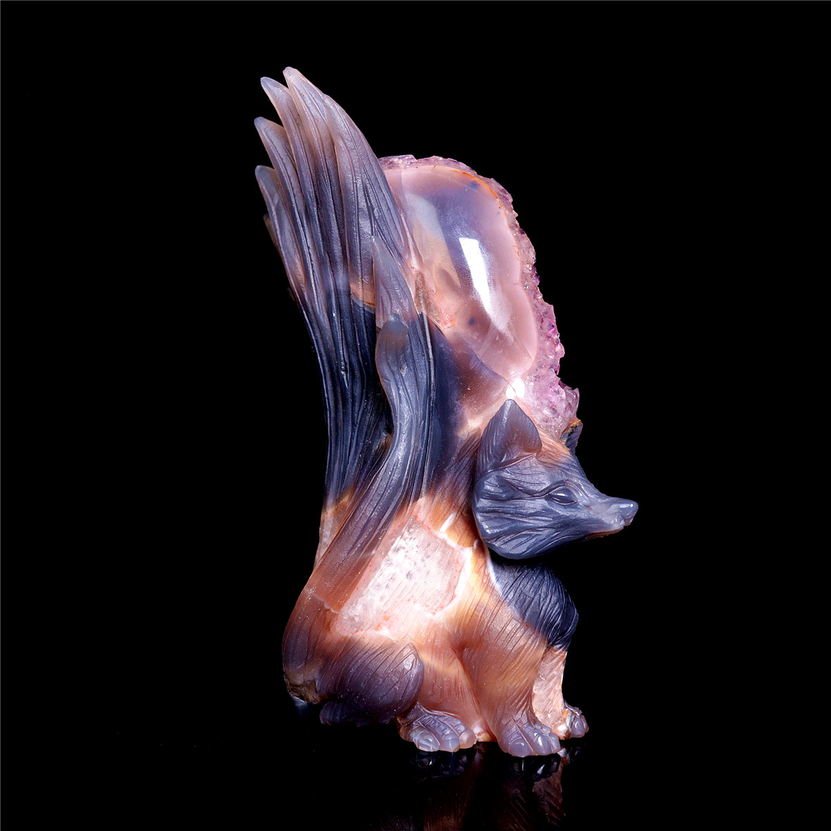 6.5" Amethyst Druzy Agate Crystal Nine Tail Fox Figurine Animal Carvings