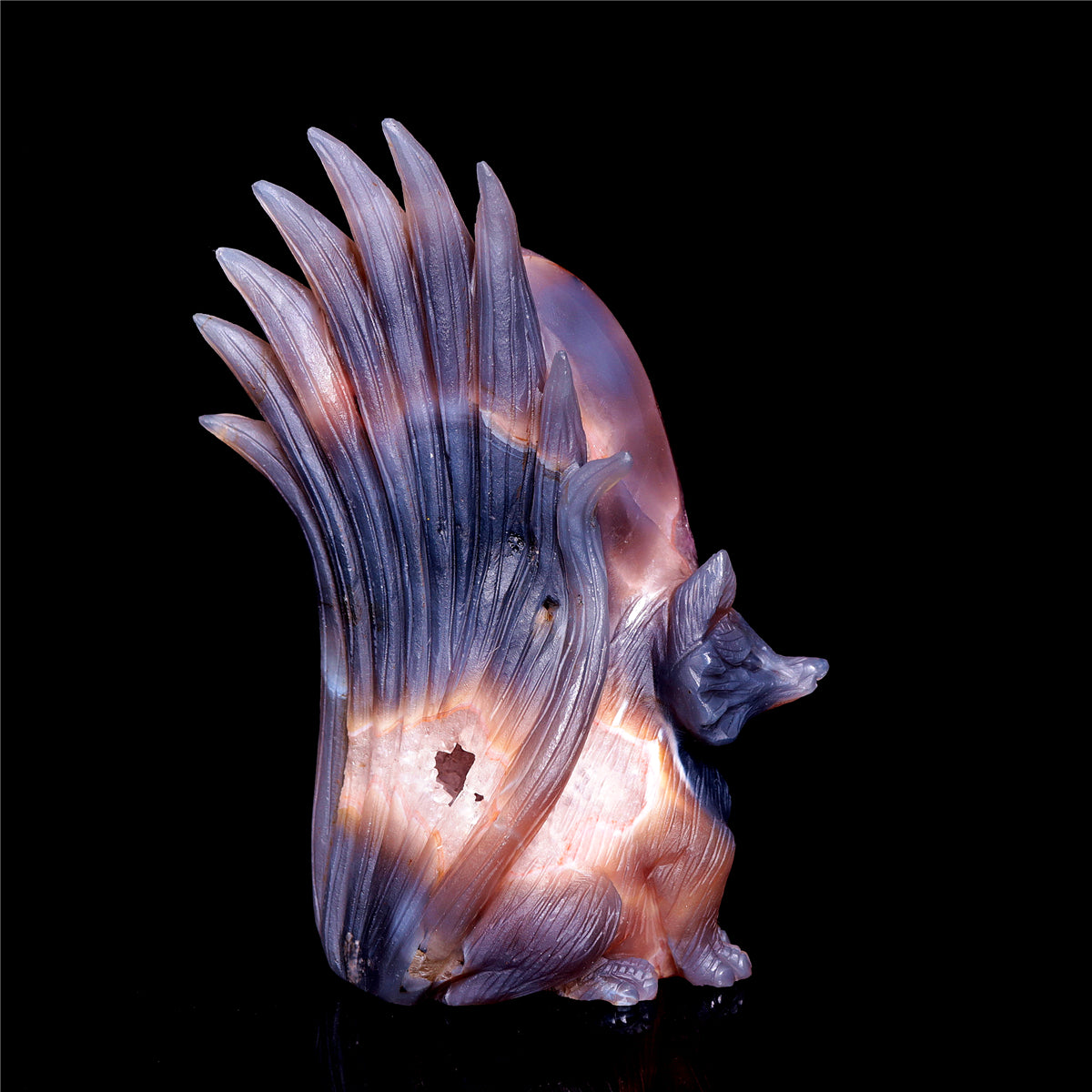 6.5" Amethyst Druzy Agate Crystal Nine Tail Fox Figurine Animal Carvings