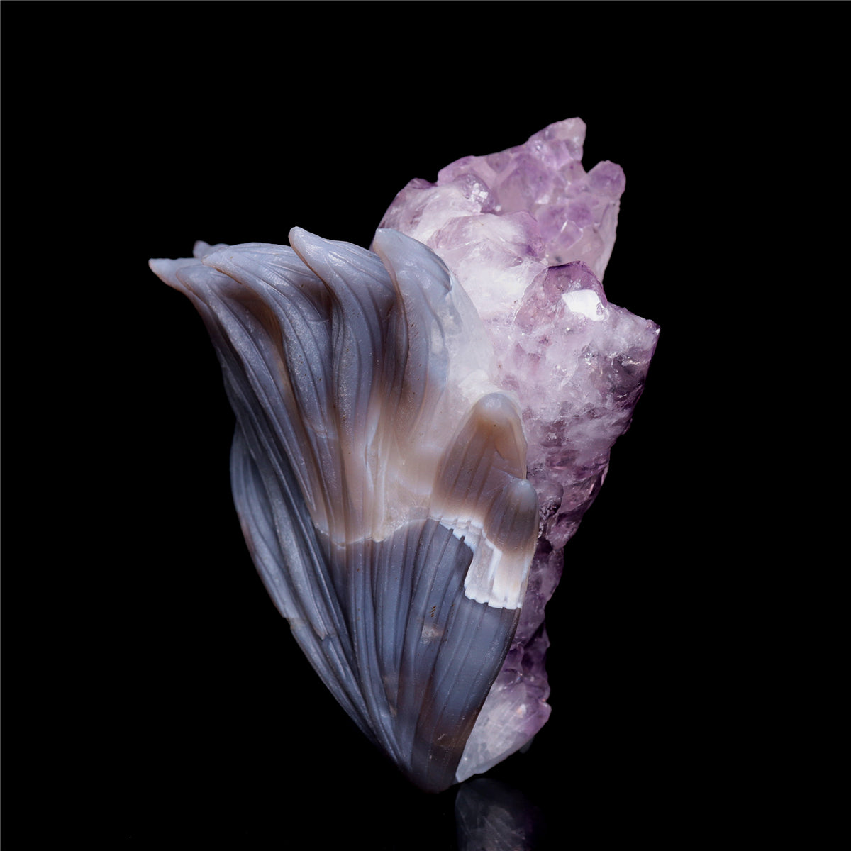 6" Amethyst Druzy Agate Crystal Nine Tail Fox Figurine Animal Carvings