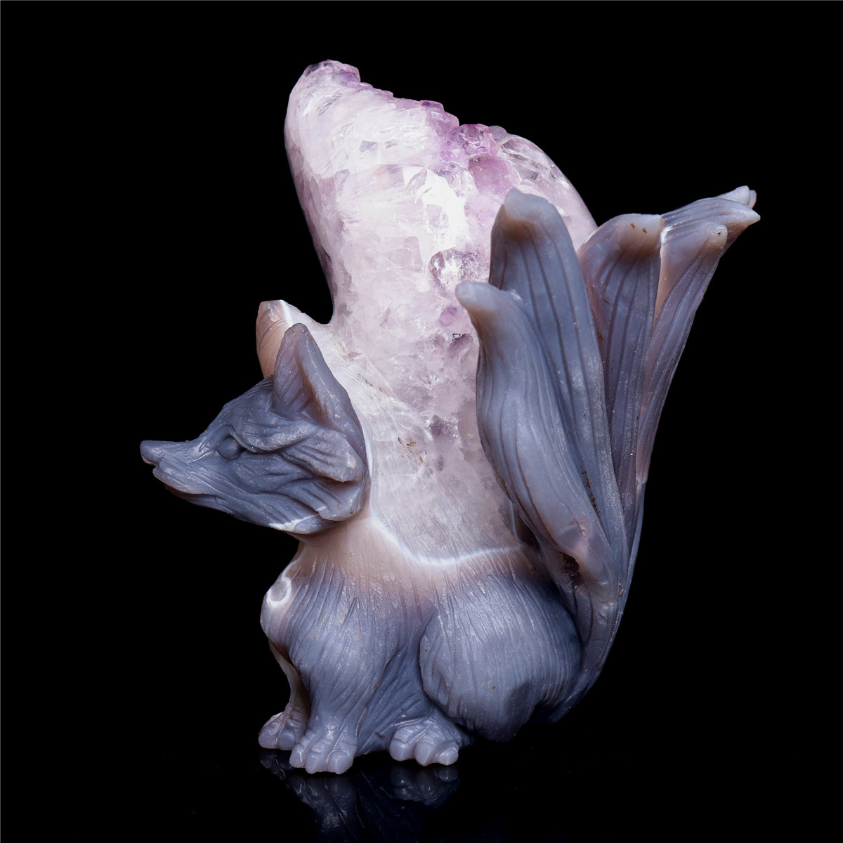 6" Amethyst Druzy Agate Crystal Nine Tail Fox Figurine Animal Carvings