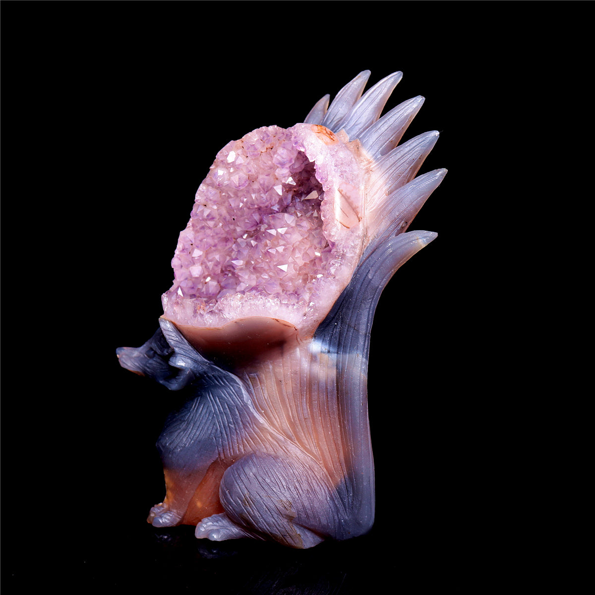 6.5" Amethyst Druzy Agate Crystal Nine Tail Fox Figurine Animal Carvings