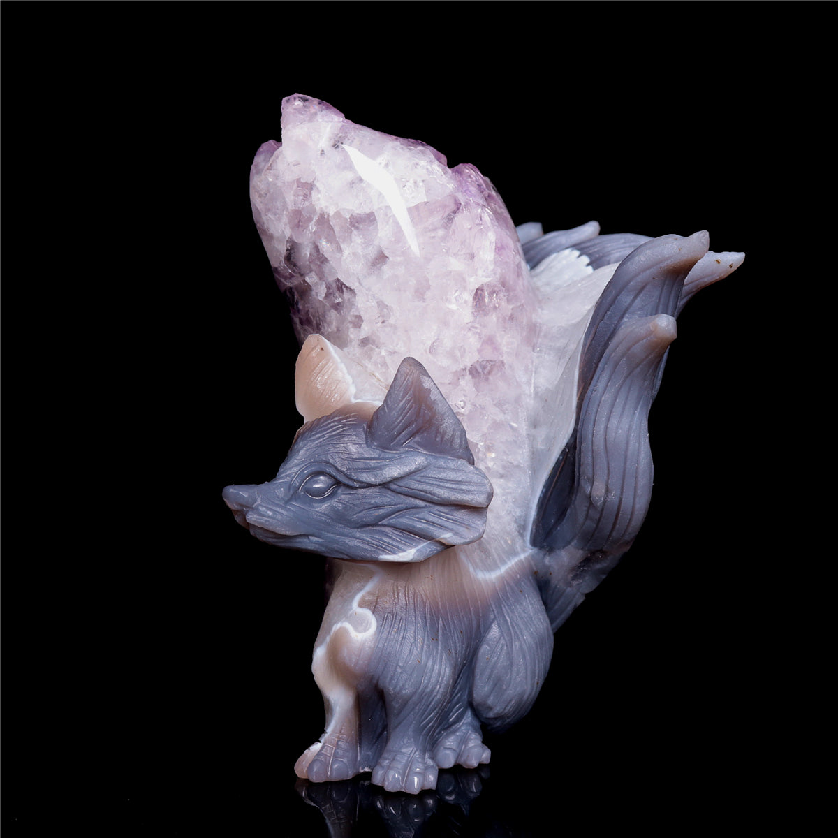 6" Amethyst Druzy Agate Crystal Nine Tail Fox Figurine Animal Carvings