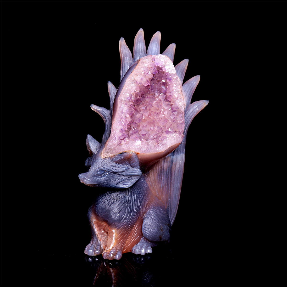 6.5" Amethyst Druzy Agate Crystal Nine Tail Fox Figurine Animal Carvings