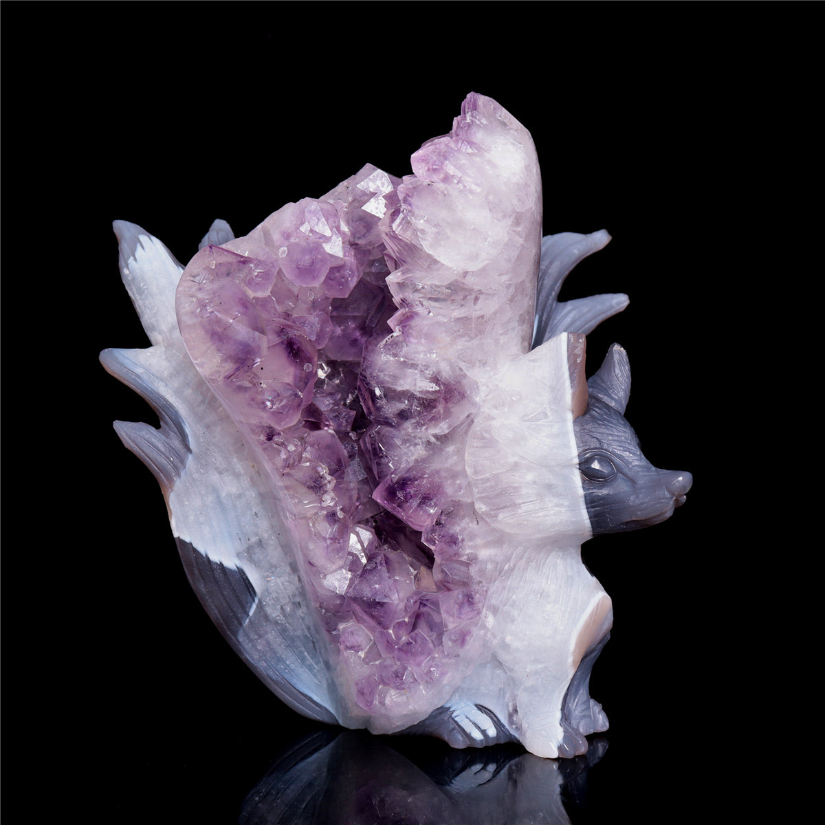 6" Amethyst Druzy Agate Crystal Nine Tail Fox Figurine Animal Carvings