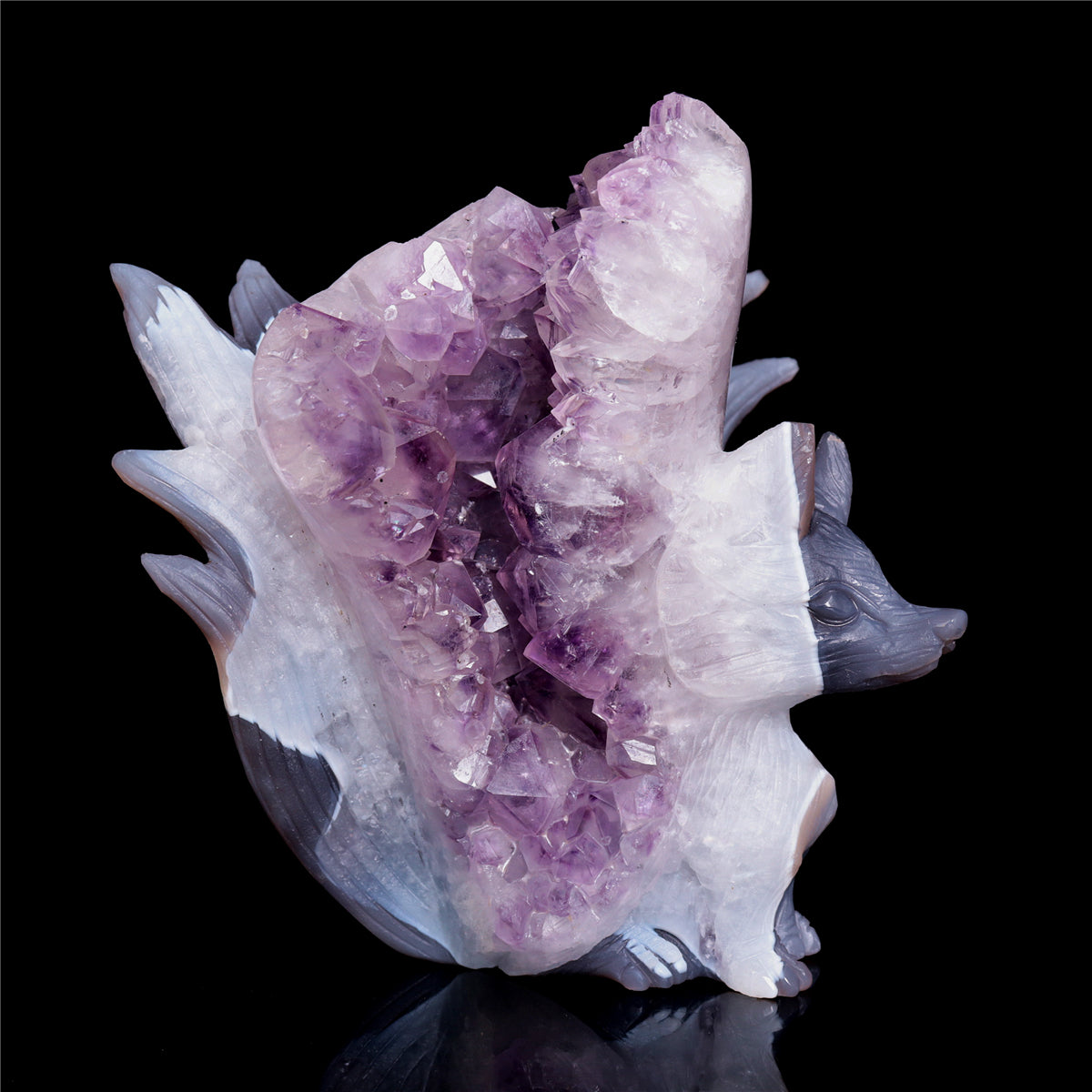 6" Amethyst Druzy Agate Crystal Nine Tail Fox Figurine Animal Carvings