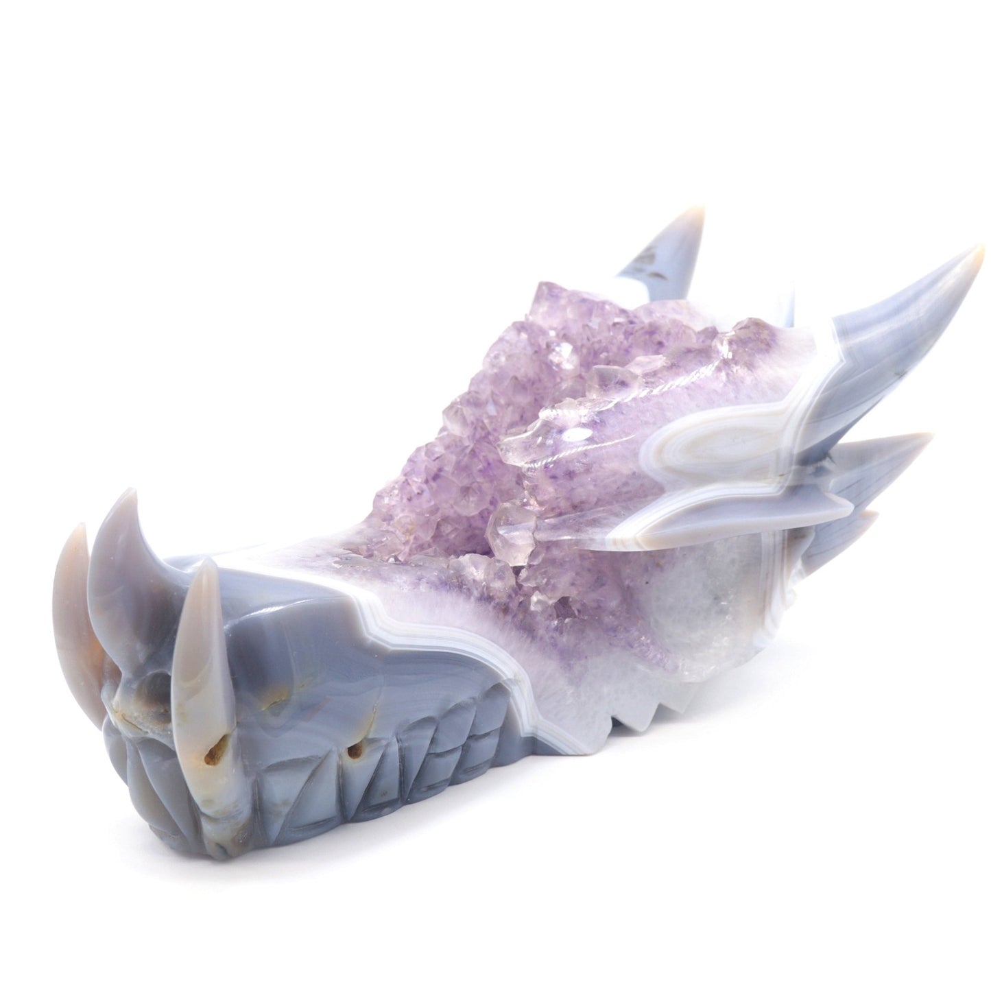 10" Agate Amethyst Cluster Hand Carved Dragon Head Sculpture, Crystal Healing - crystaltreasure