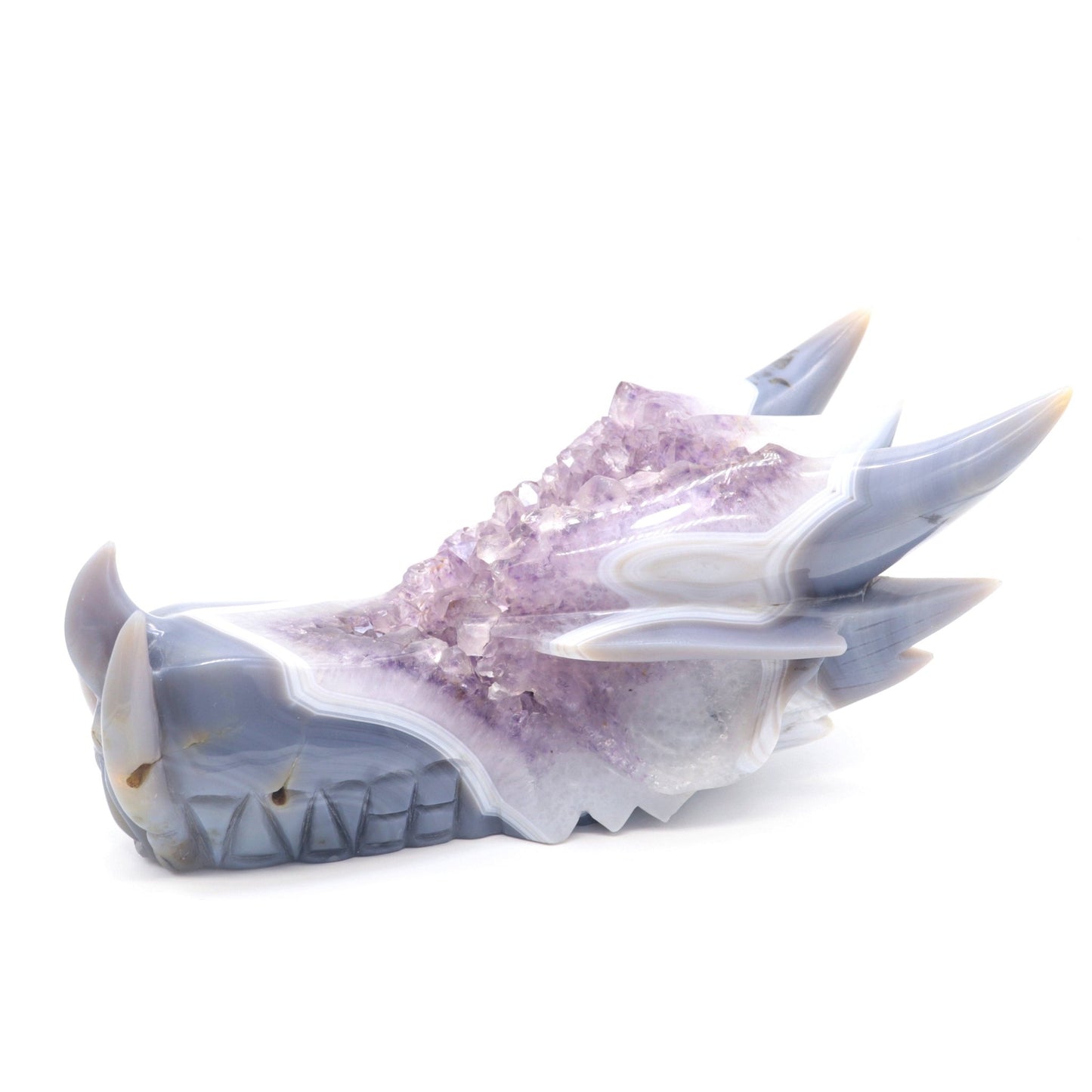 10" Agate Amethyst Cluster Hand Carved Dragon Head Sculpture, Crystal Healing - crystaltreasure