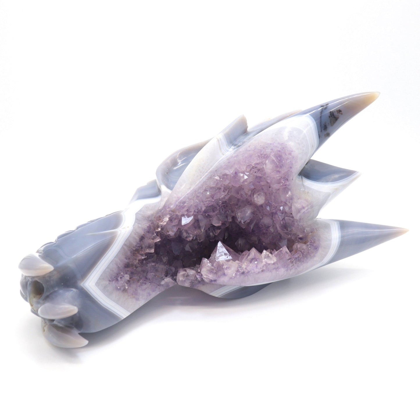 10" Agate Amethyst Cluster Hand Carved Dragon Head Sculpture, Crystal Healing - crystaltreasure