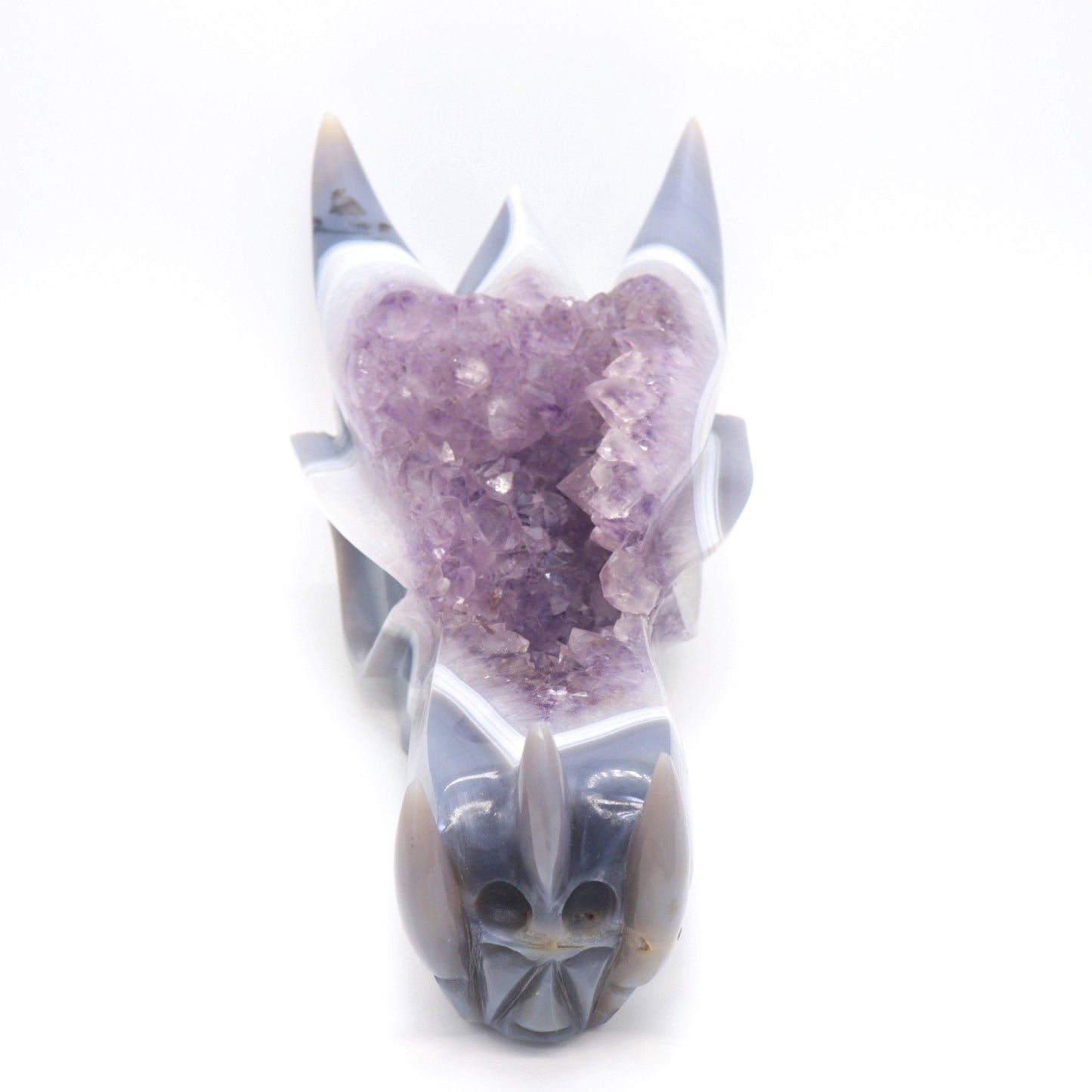 10" Agate Amethyst Cluster Hand Carved Dragon Head Sculpture, Crystal Healing - crystaltreasure
