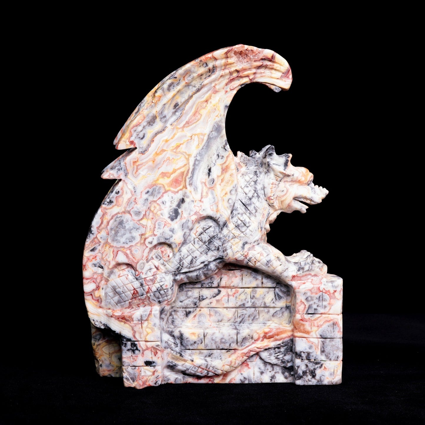 10" Crazy Lace Agate Carved Dragon Sculpture Realistic Crystal Healing Quartz Decor - crystaltreasure