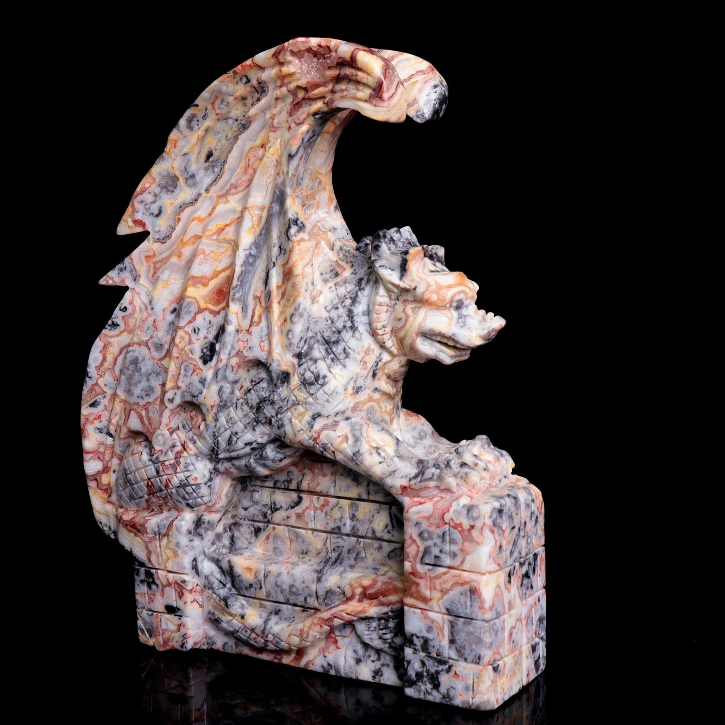 10" Crazy Lace Agate Carved Dragon Sculpture Realistic Crystal Healing Quartz Decor - crystaltreasure