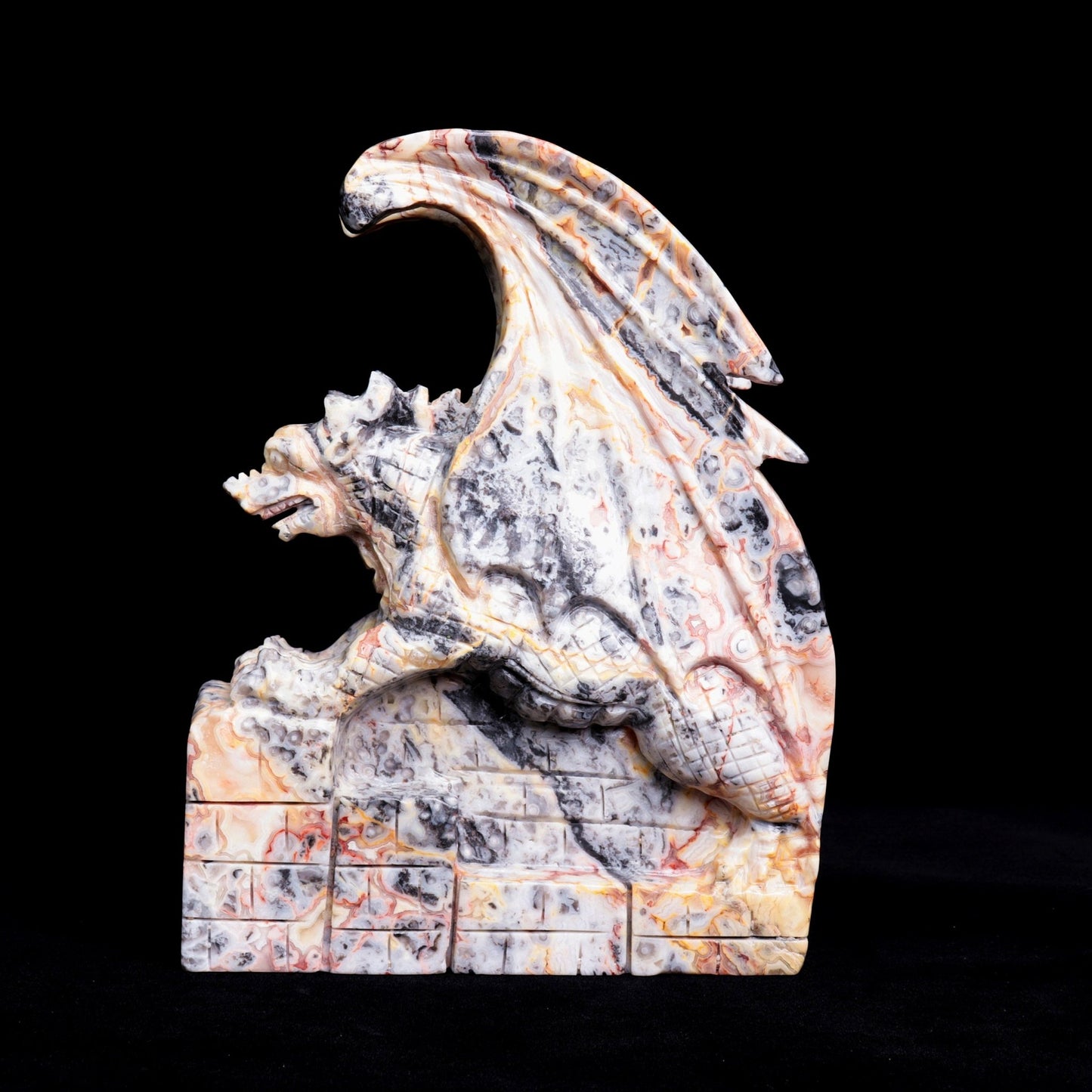 10" Crazy Lace Agate Carved Dragon Sculpture Realistic Crystal Healing Quartz Decor - crystaltreasure