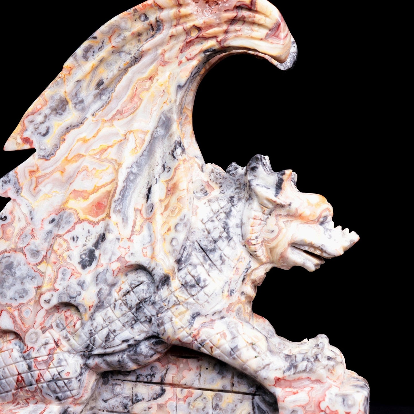 10" Crazy Lace Agate Carved Dragon Sculpture Realistic Crystal Healing Quartz Decor - crystaltreasure