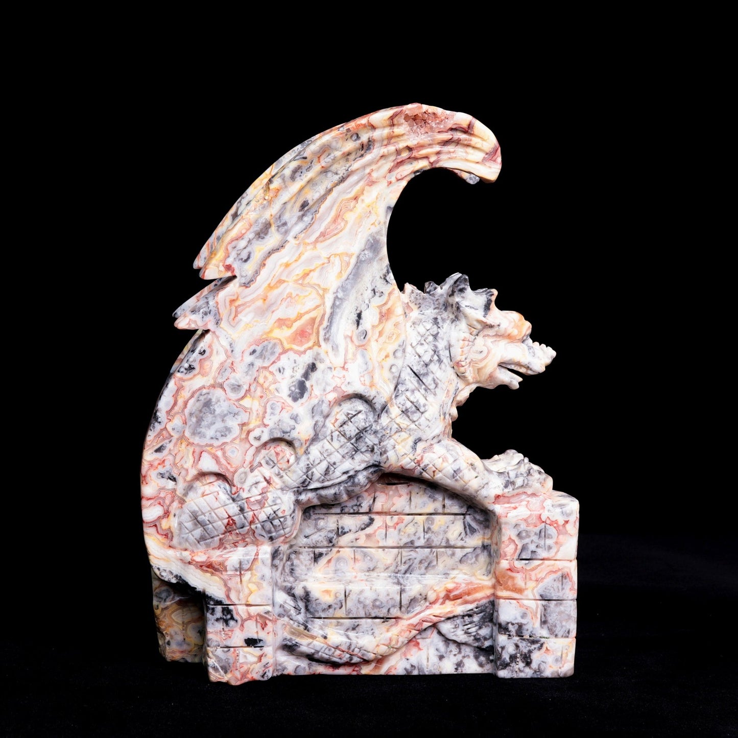 10" Crazy Lace Agate Carved Dragon Sculpture Realistic Crystal Healing Quartz Decor - crystaltreasure