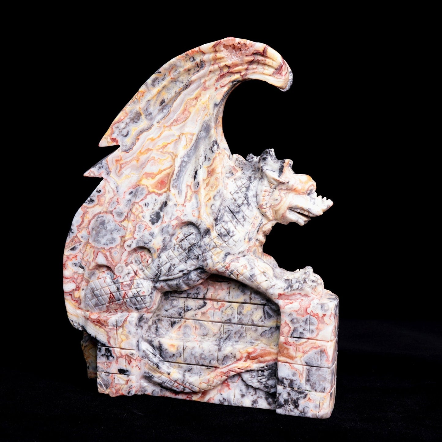 10" Crazy Lace Agate Carved Dragon Sculpture Realistic Crystal Healing Quartz Decor - crystaltreasure