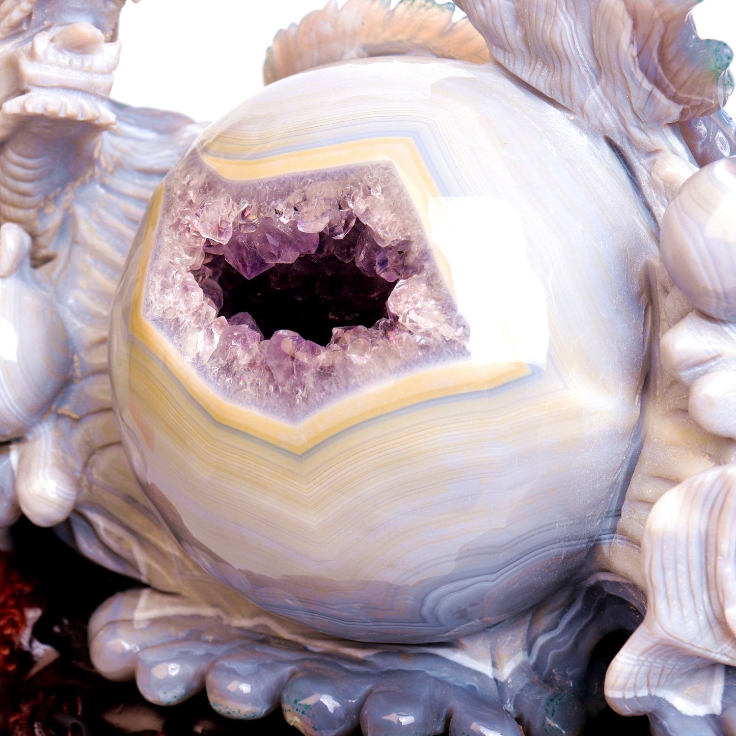 12" Amethyst Agate Geode Carved Dragon Sphere Sculpture Realistic Crystal Healing - crystaltreasure