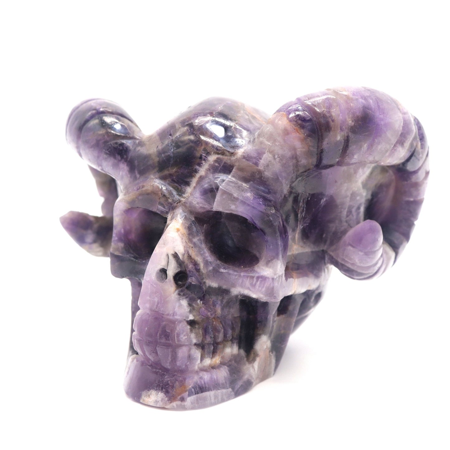 1.9lb Dream Amethyst HandCarved Crystal Horned Skull Figurine - crystaltreasure