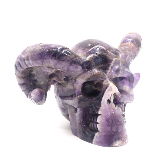 1.9lb Dream Amethyst HandCarved Crystal Horned Skull Figurine - crystaltreasure