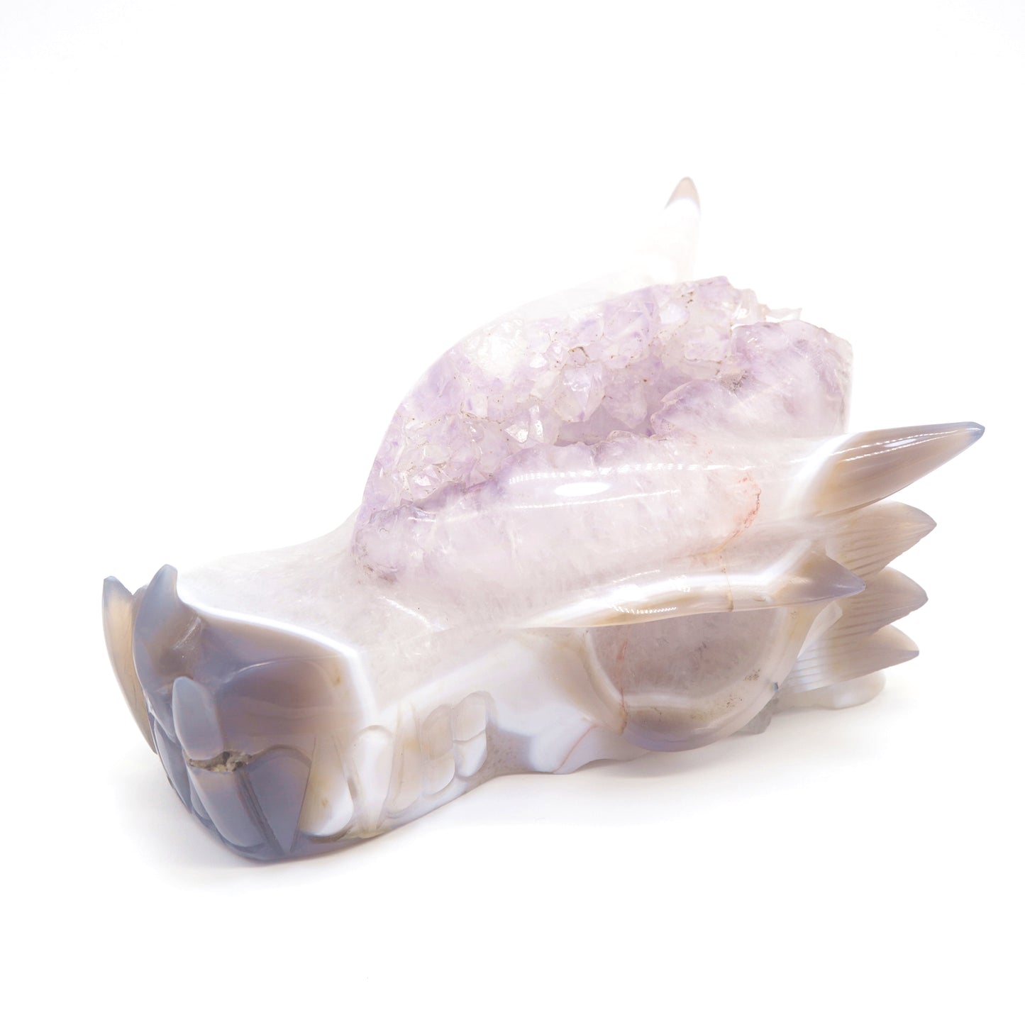 6.5" Hand Carved Agate Amethyst Geode Dragon Head Sculpture Druzy Crystal Healing Reiki