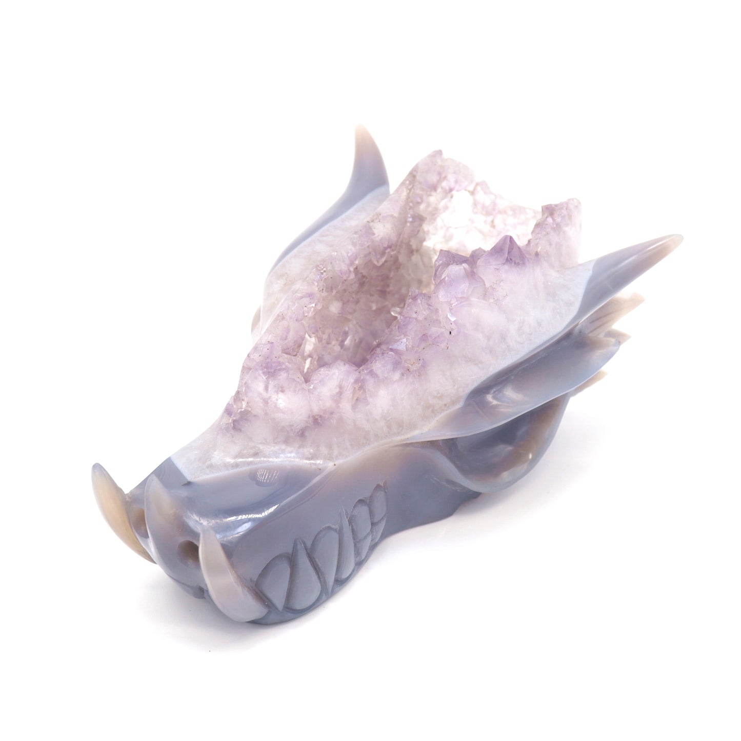 7.5" Hand Carved Agate Amethyst Geode Dragon Head Sculpture Druzy Crystal Healing Reiki