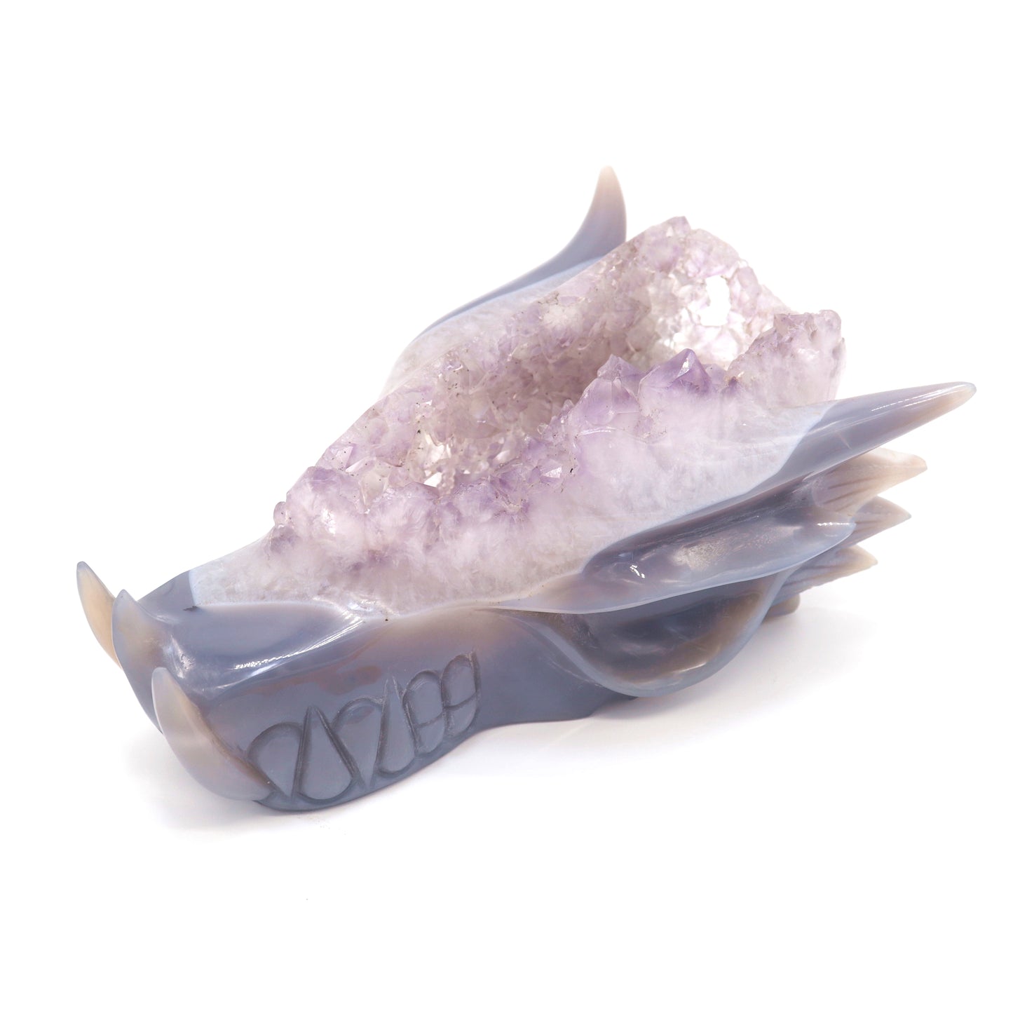 7.5" Hand Carved Agate Amethyst Geode Dragon Head Sculpture Druzy Crystal Healing Reiki