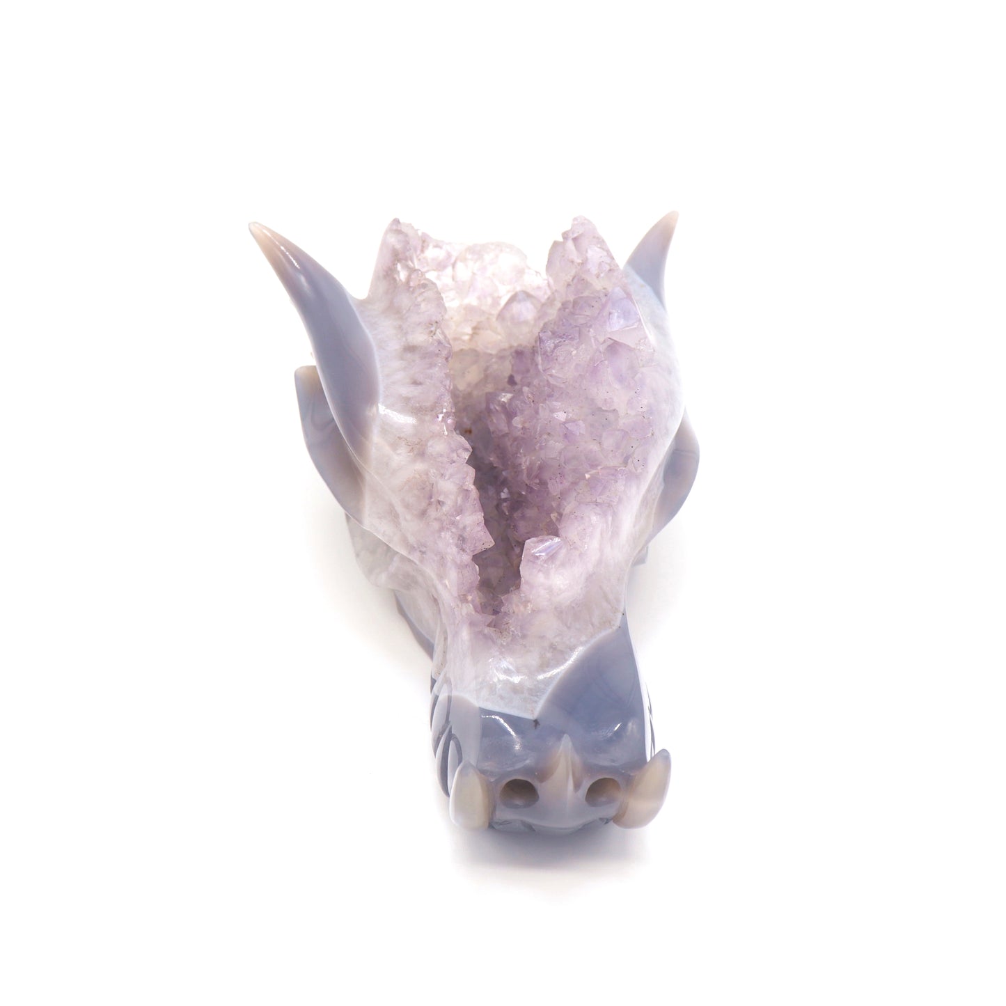 7.5" Hand Carved Agate Amethyst Geode Dragon Head Sculpture Druzy Crystal Healing Reiki