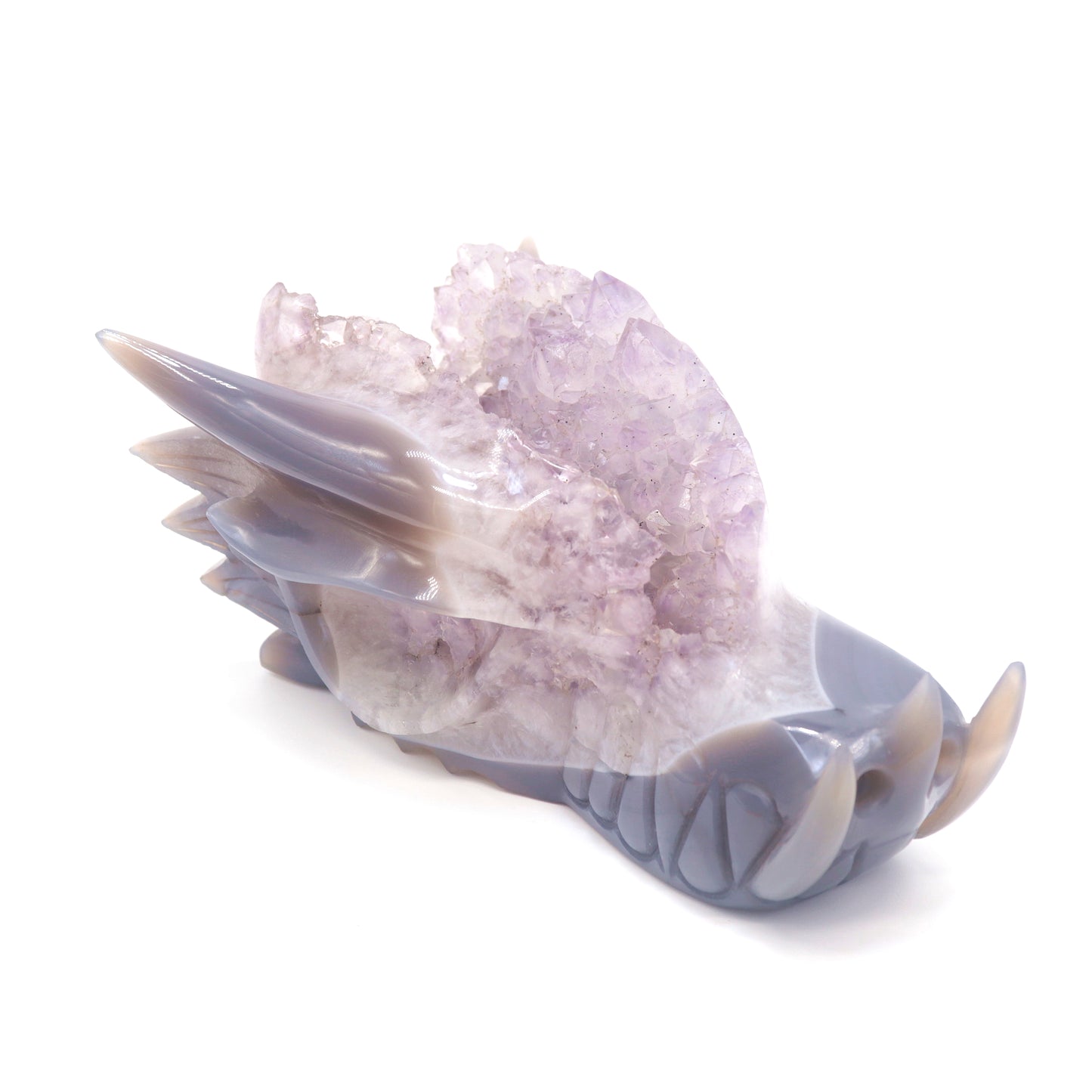 7.5" Hand Carved Agate Amethyst Geode Dragon Head Sculpture Druzy Crystal Healing Reiki