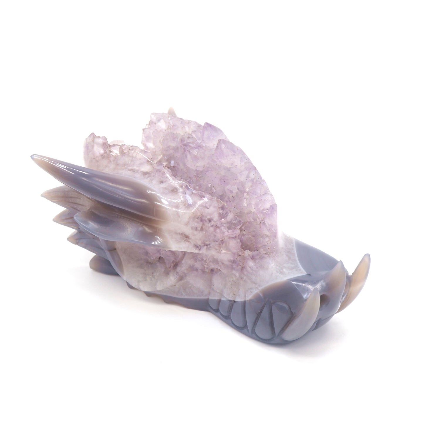 7.5" Hand Carved Agate Amethyst Geode Dragon Head Sculpture Druzy Crystal Healing Reiki