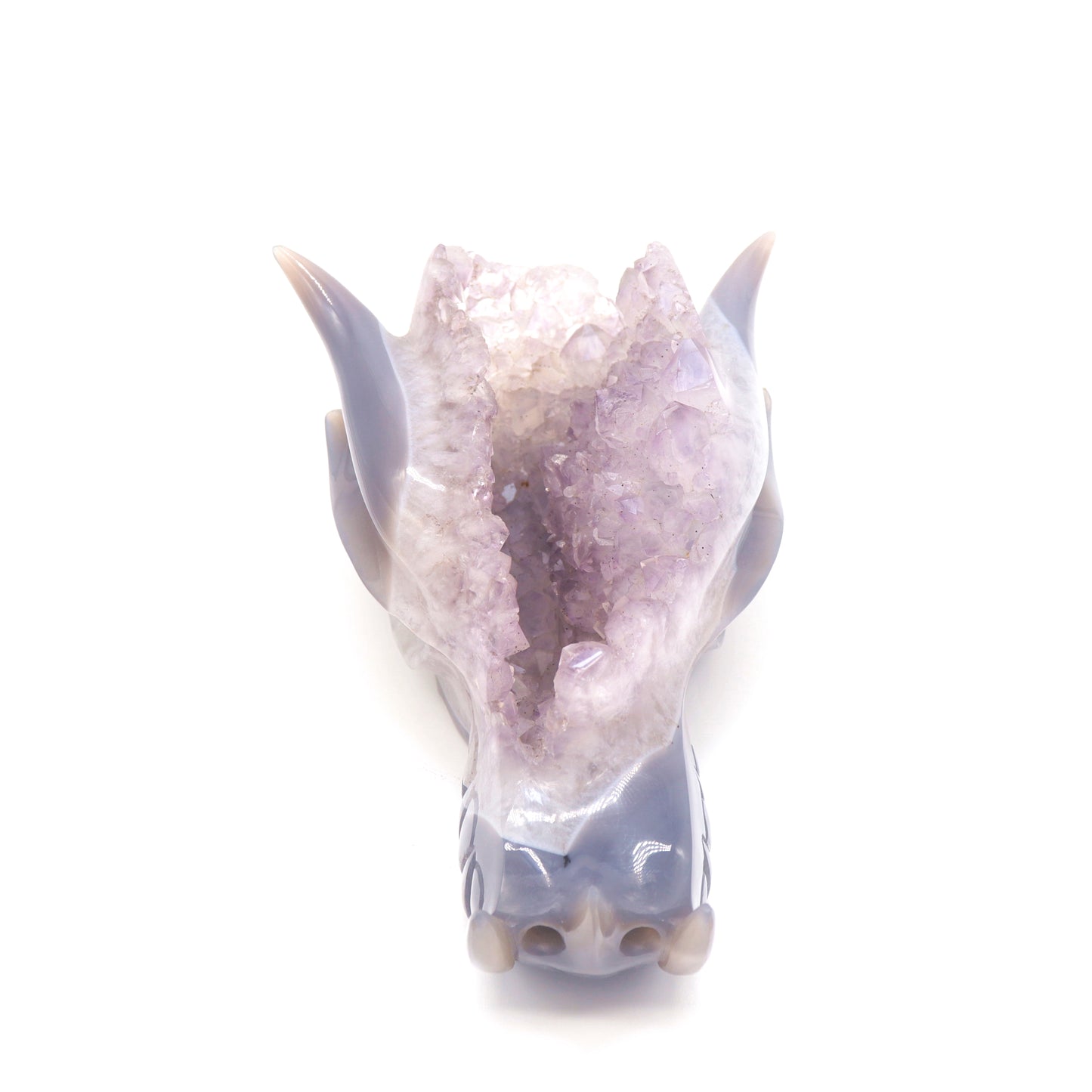 7.5" Hand Carved Agate Amethyst Geode Dragon Head Sculpture Druzy Crystal Healing Reiki