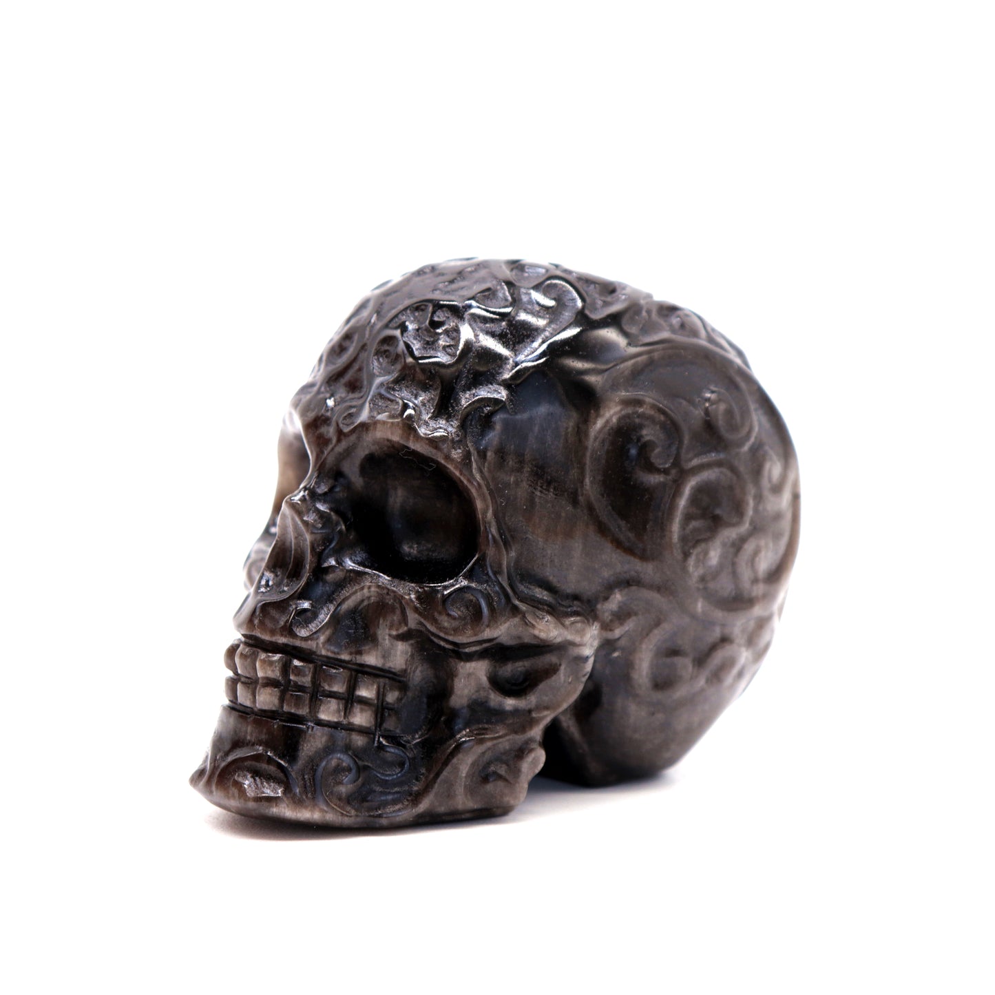 3" Silver Obsidian Skull Sugar Flower Crystal Skull Healing Quartz Reiki