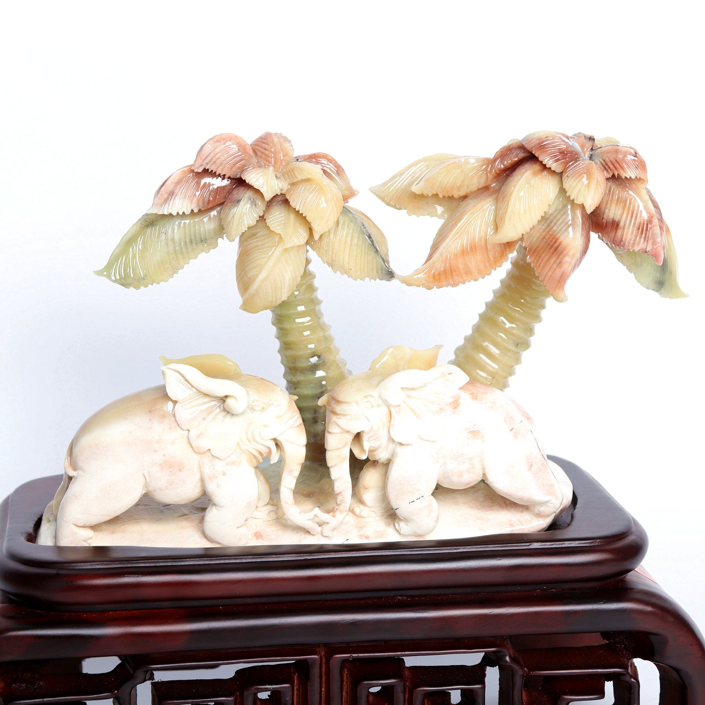 XiuYan Jade Carved Elephant Sculpture Palm Tree Realistic Crystal Healing