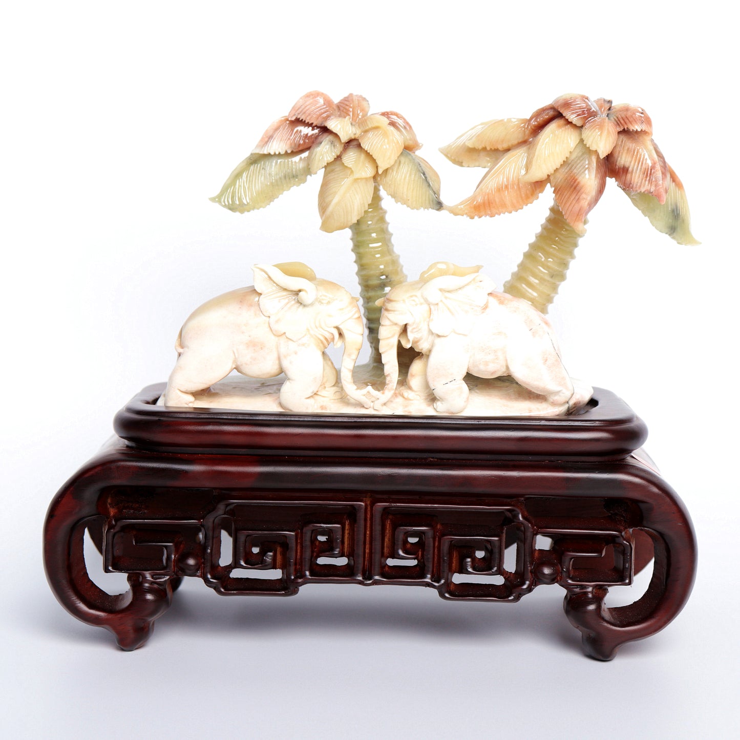 XiuYan Jade Carved Elephant Sculpture Palm Tree Realistic Crystal Healing