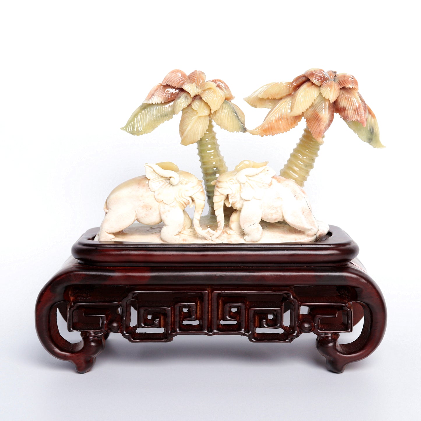 XiuYan Jade Carved Elephant Sculpture Palm Tree Realistic Crystal Healing