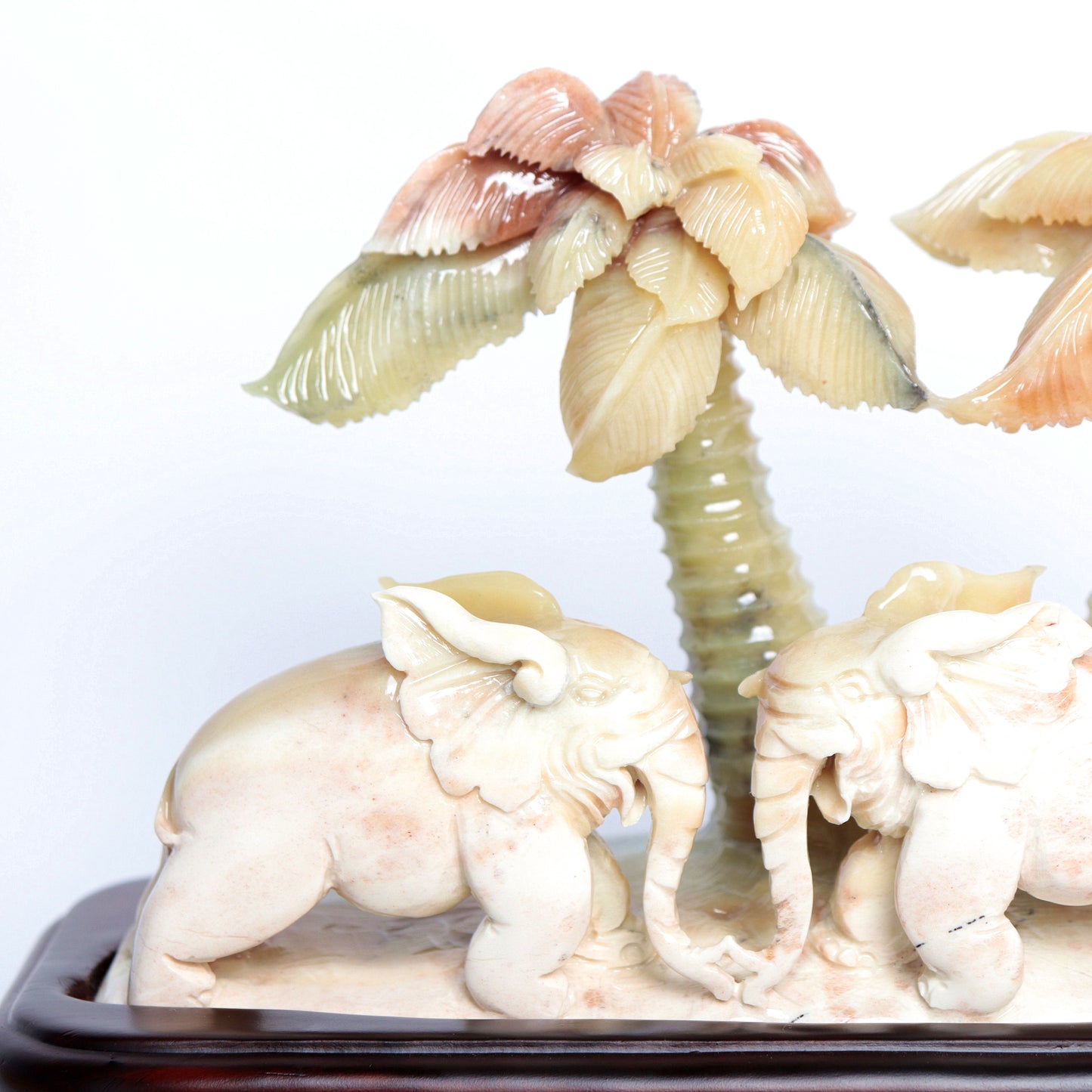 XiuYan Jade Carved Elephant Sculpture Palm Tree Realistic Crystal Healing