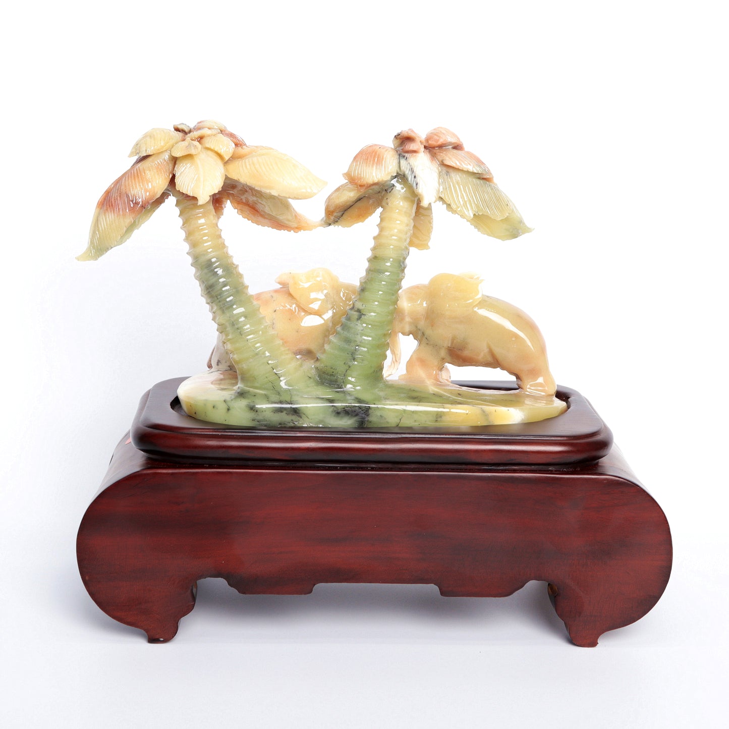 XiuYan Jade Carved Elephant Sculpture Palm Tree Realistic Crystal Healing