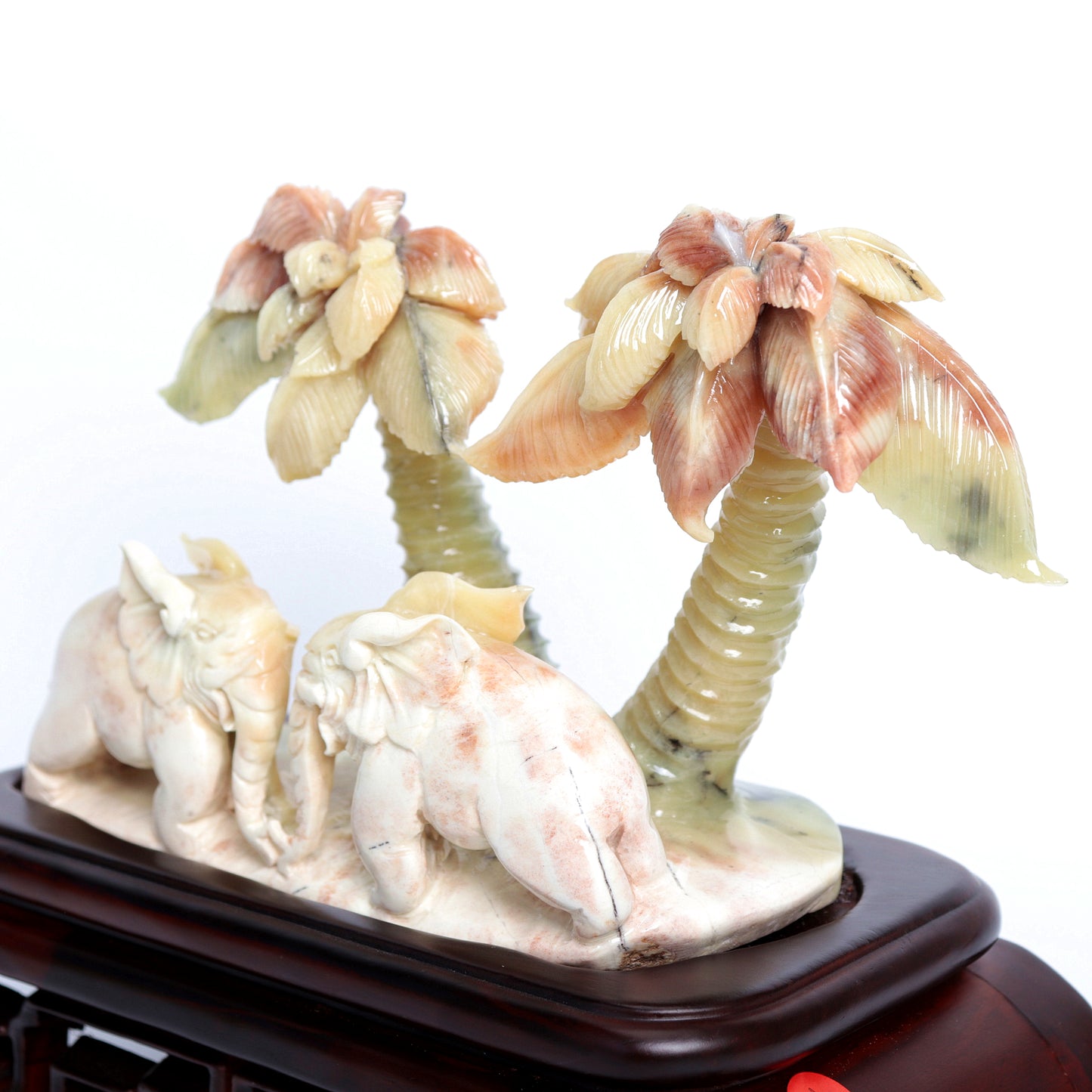 XiuYan Jade Carved Elephant Sculpture Palm Tree Realistic Crystal Healing