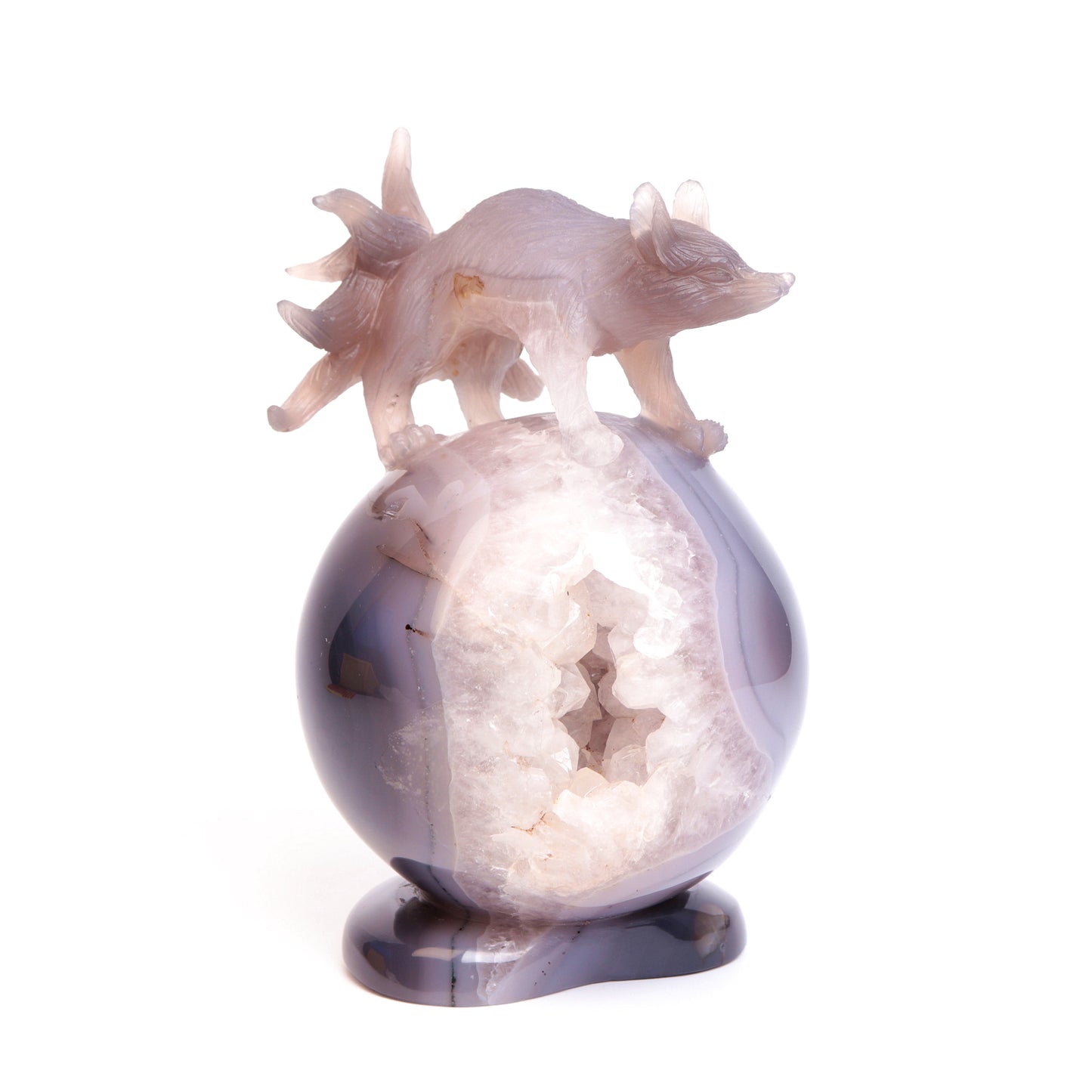 7" Agate Druzy Crystal Nine Tail Fox Sphere Figurine Realistic