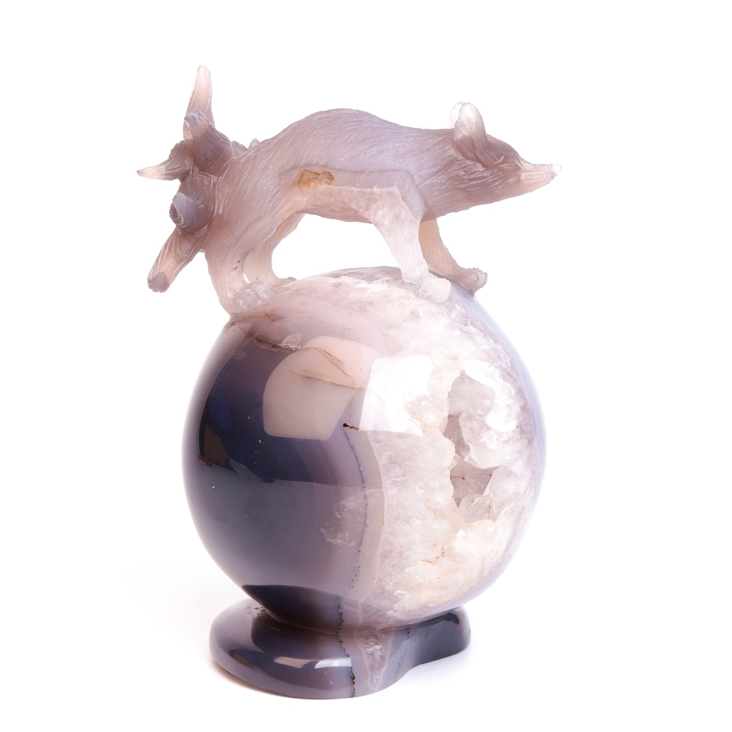 7" Agate Druzy Crystal Nine Tail Fox Sphere Figurine Realistic