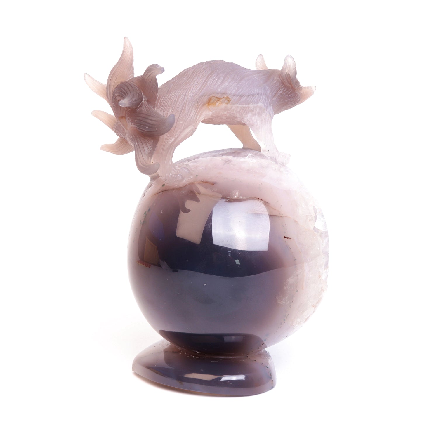 7" Agate Druzy Crystal Nine Tail Fox Sphere Figurine Realistic