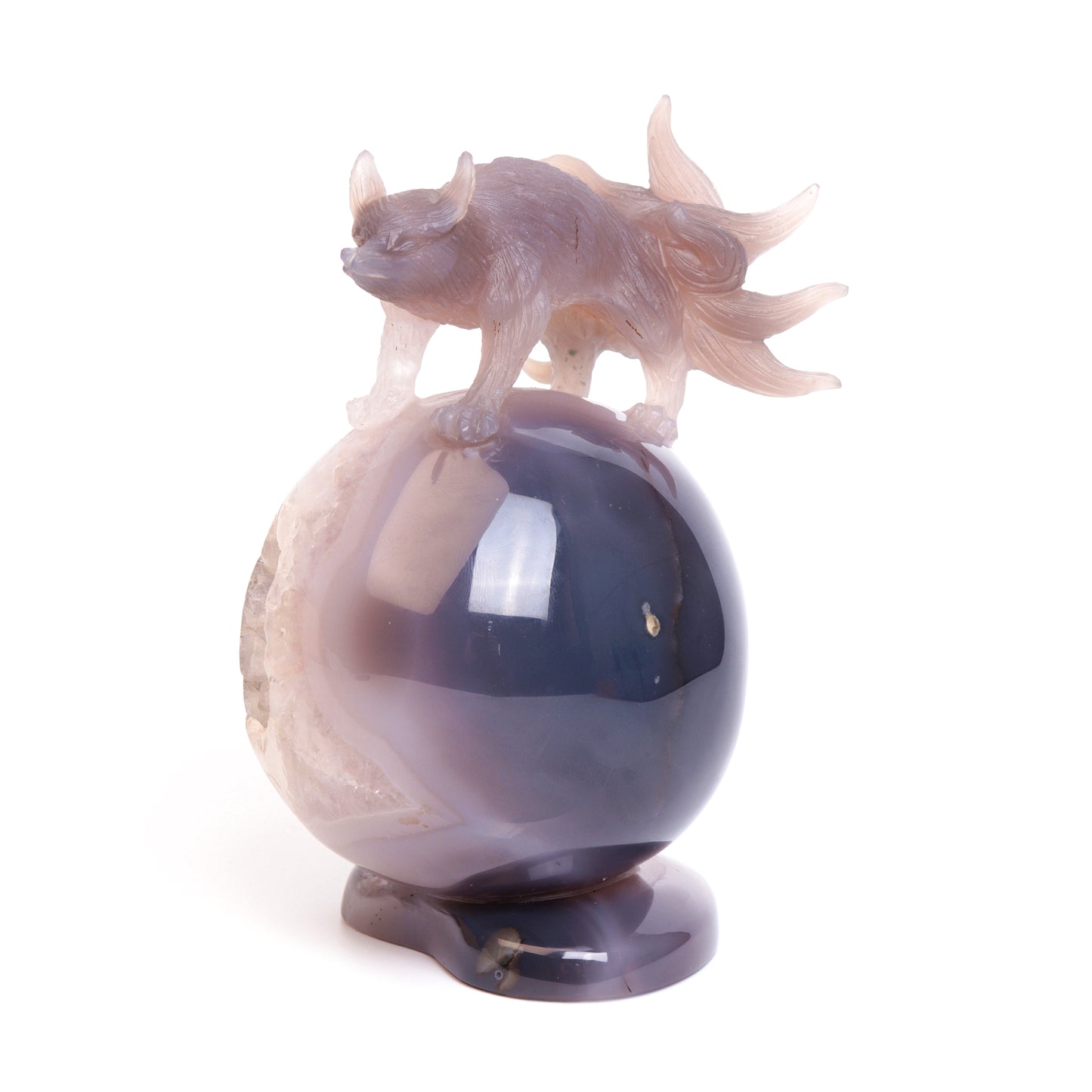 7" Agate Druzy Crystal Nine Tail Fox Sphere Figurine Realistic