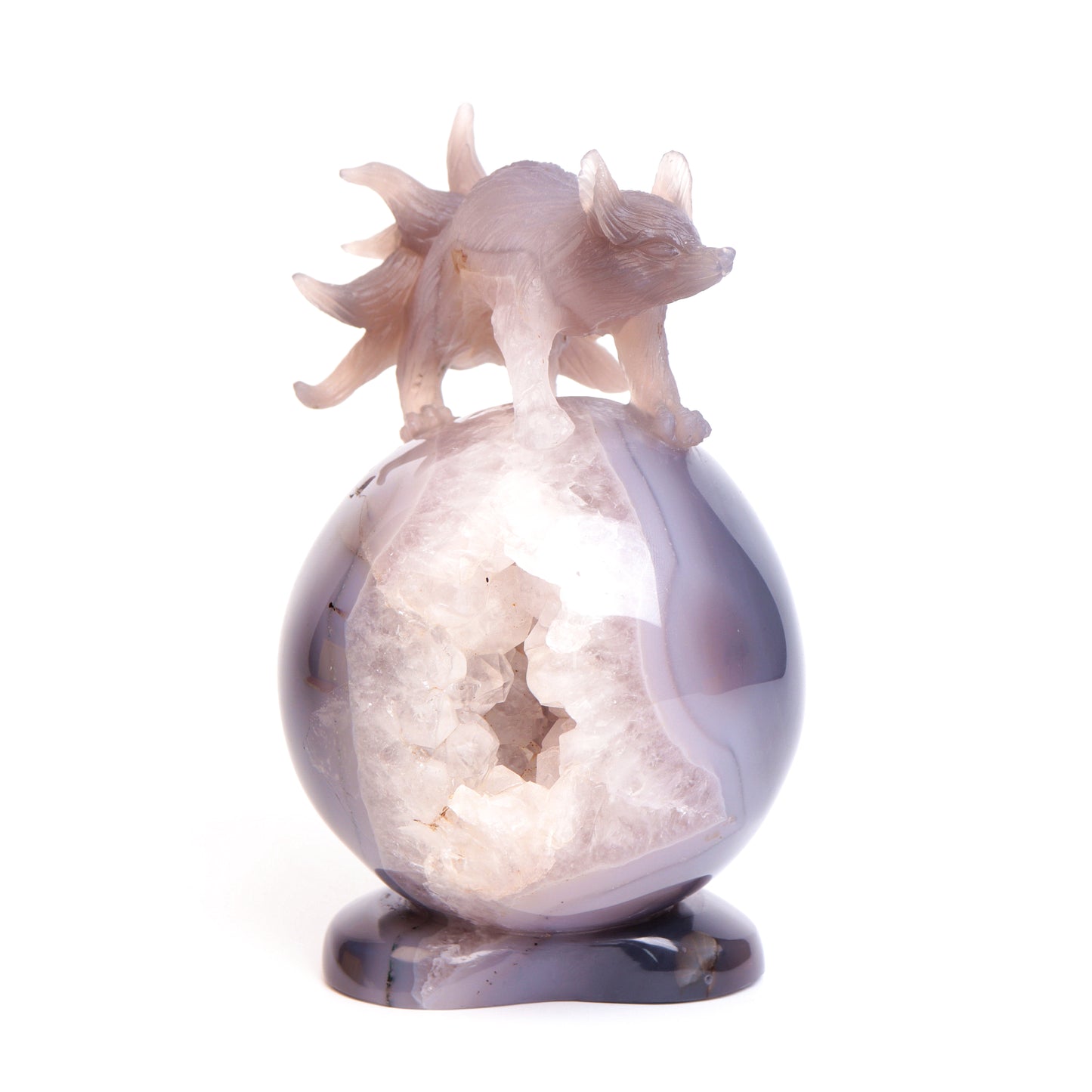 7" Agate Druzy Crystal Nine Tail Fox Sphere Figurine Realistic