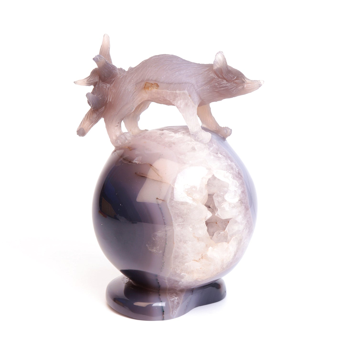 7" Agate Druzy Crystal Nine Tail Fox Sphere Figurine Realistic