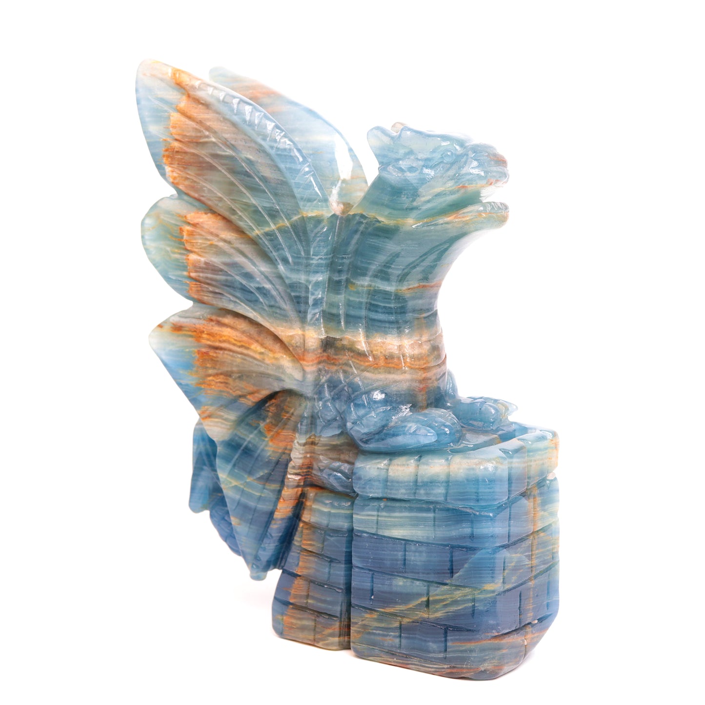 7" Blue Onyx Carved Flying Dragon Sculpture Realistic Crystal Healing Quartz Decor