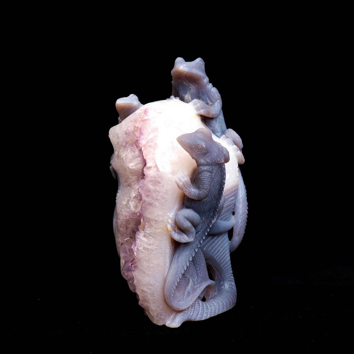 9.3" Agate Amethyst Geode Carved Lizard Elephant Sculpture Realistic Crystal Healing Quartz Decor