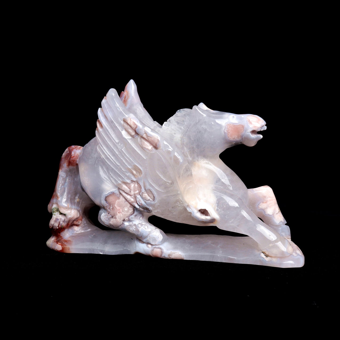 7" Flower Agate Carved Crystal Pegasus Sculpture Healing Quartz Decor