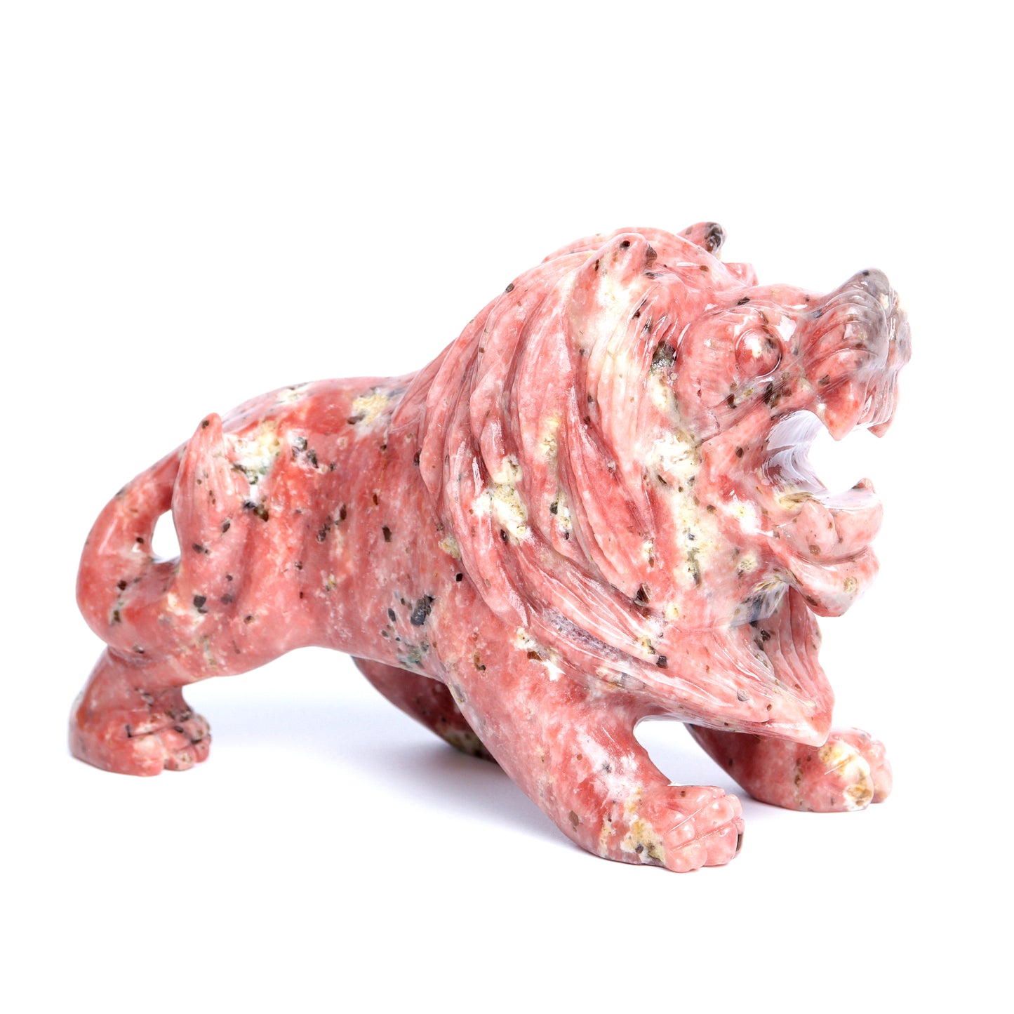 6" Peach Blossom Jasper Carved Lion Figurine Realistic Crystal Healing Quartz Decor