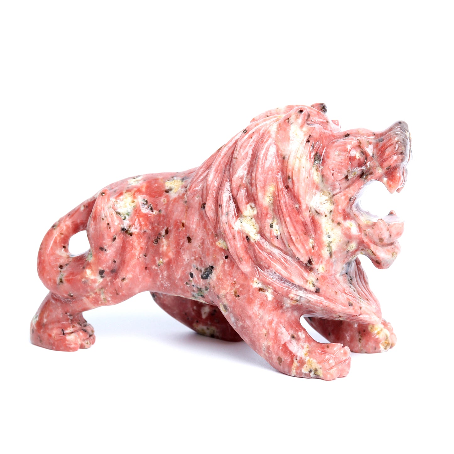 6" Peach Blossom Jasper Carved Lion Figurine Realistic Crystal Healing Quartz Decor