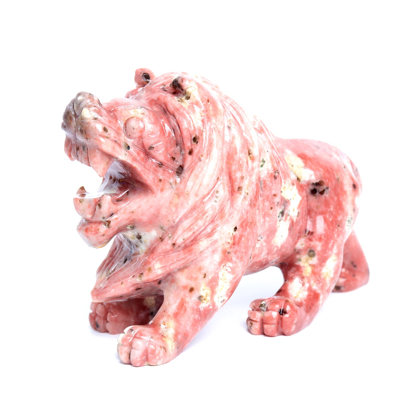 6" Peach Blossom Jasper Carved Lion Figurine Realistic Crystal Healing Quartz Decor
