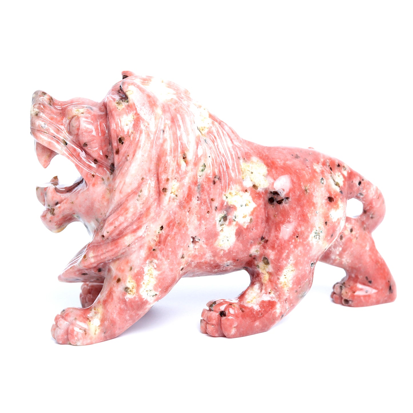 6" Peach Blossom Jasper Carved Lion Figurine Realistic Crystal Healing Quartz Decor