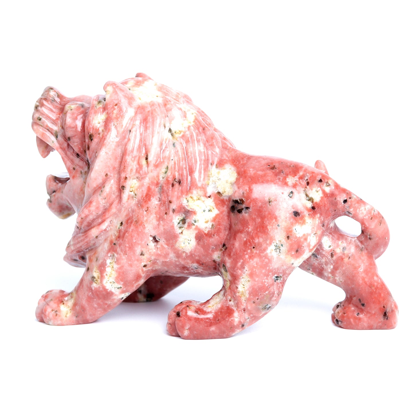 6" Peach Blossom Jasper Carved Lion Figurine Realistic Crystal Healing Quartz Decor
